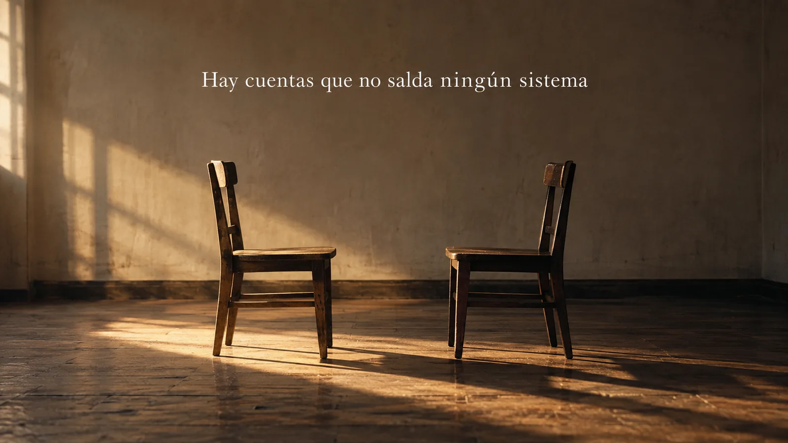 Dos sillas de madera enfrentadas en una sala vacía, con luz de tarde