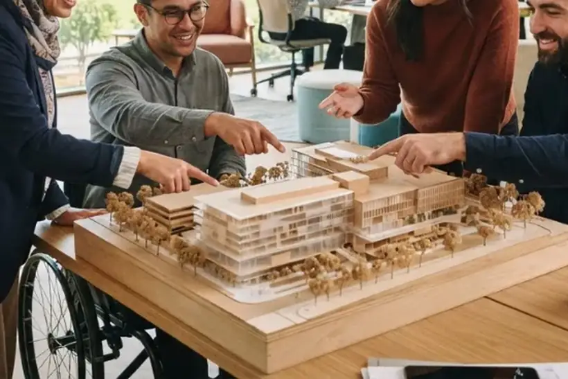 Equipo de trabajo diverso resolviendo juntos alrededor de una mesa