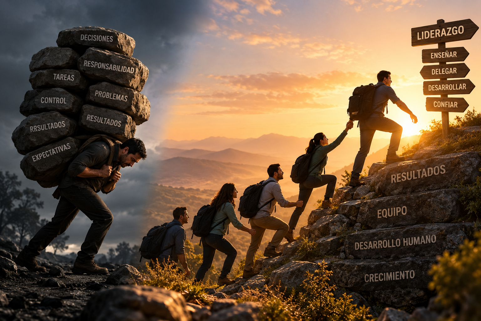 Un líder ayuda a su equipo a subir una montaña mientras otro carga solo con las responsabilidades.
